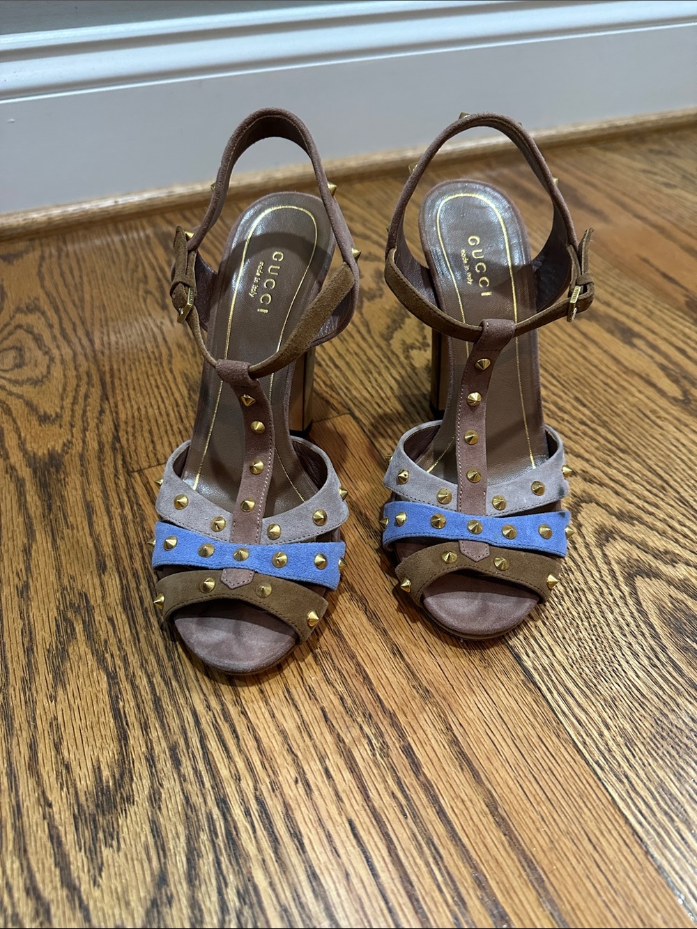 Gucci Multicolor Suede Studded Heeled Sandals - Brown Blue Cream